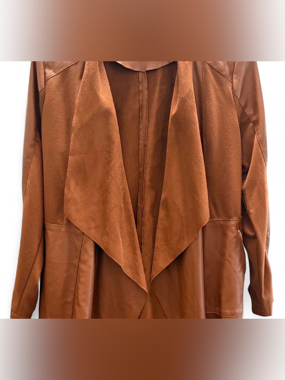 Brown Draped Suede-Trim Trench Coat - Women's Jacket